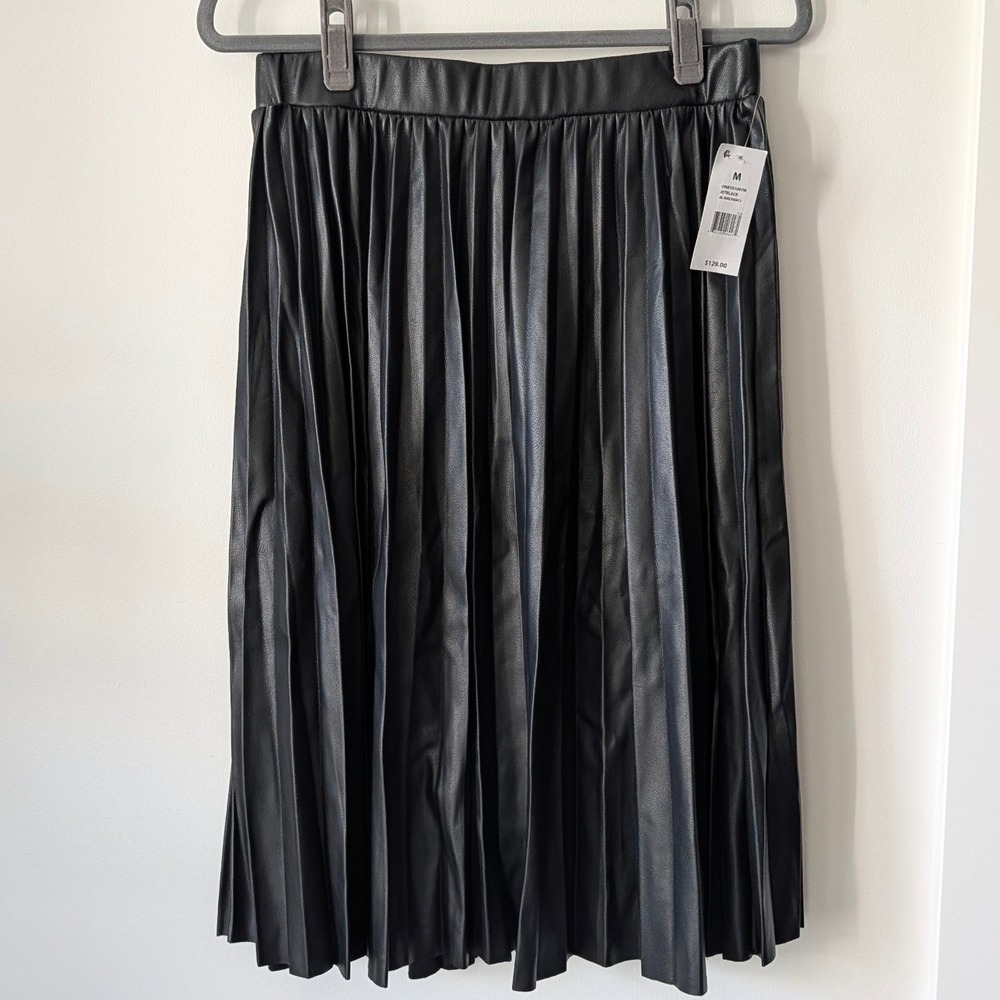 Adrienne Landau Onyx Jade Collection Faux Leather Pleated Midi Skirt Black M NEW